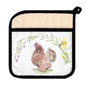 Pekin Bantam Chicken Pot Holder with Pocket, Cute Chickens, Chicken Mom Gift, Watercolor Chicken Art, Hens, 4H