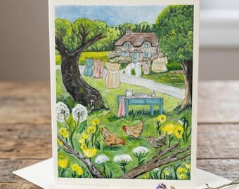 Cottagecore Greeting Card, Countryside Homestead Art, Whimsical Farm Life Stationery, Blank Note Card featuring for chicken lover