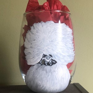 Hand painted Silkie Stemless Wine Glass-Handmade,Silkie lover,Cute Silkie Chicken,Silkie lover gift,housewarming gift,Farmhouse Decor