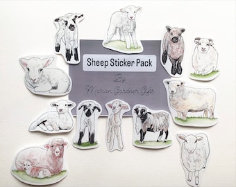 Könnte beinhalten: Eine Sammlung von Schaf-Aufklebern in verschiedenen Posen, darunter Lämmer und erwachsene Schafe. Die Aufkleber sind im Aquarellstil gehalten und haben einen weißen Hintergrund. Der Text "Sheep Sticker Pack" und "By Marian Gardner Gifts" ist sichtbar.