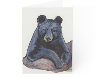 Biglietto d'auguri con orso nero. Fatto a mano/biglietto di auguri/regalo per amanti degli orsi/biglietto di compleanno/amante degli animali/acquerello/biglietto carino, orsi, lodge, baita, boscoso