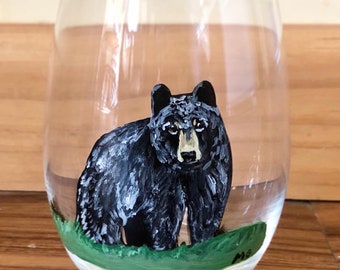 Hand painted Black Bear Stemless Wine Glass-Handmade|Bear lover|lodge decor|bear lover gift|housewarming gift|unique barware|cabin|rustic