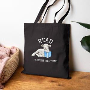 Cute Sheep Reading Cotton Canvas Tote Bag, Sheep Lover Gift, Book Bag, College Tote, 4H, Farm Animal Bag