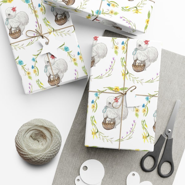 Pretty White Silkie Chickens, Chicken Gift Wrap Paper. Crazy Chicken Lady,Chicken Lover,Farm Animal,Country Decor,Unique Gift Wrapping, 4H