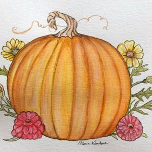 Original Watercolor Pumpkin Painting: Autumn Cottage Art