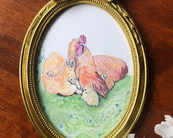Framed Silkie Chicken Print: Cottagecore Country Wall Art