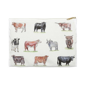 Cow Lovers Accessory Pouch, watercolor art, western fashion, cowgirl gift, rodeo, 4H, cow breeds, pencil case, makeup bag, phone case