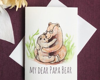 Carte de voeux pour la fête des pères. Fait main, carte de correspondance, cadeau pour amoureux des ours, amoureux des animaux, Aquarelle, jolie carte, ours, lodge, cabane, boisé, carte de papa, carte de papa
