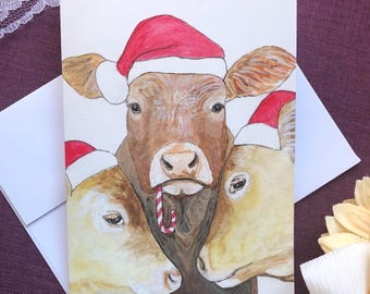 Cow Christmas Cards, Greeting Cards, Cow lover, Farmer Gift, Homestead, Festive Card, Watercolor Art, 4H, Farm Animal, Cute Cow Card