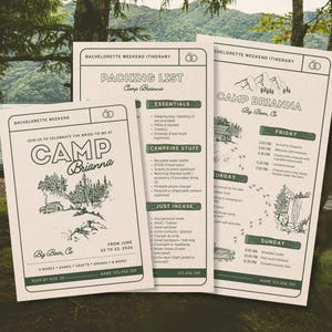 Camp-Themen Bachelorette Wochenende Einladung, Reiseplan & Packliste Vorlage Bundle, Sommercamp Bachelorette