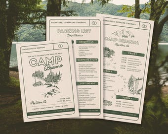 Camp-Themed Bachelorette Weekend Invitation, Itinerary & Packing List Template Bundle, Summer Camp Bachelorette