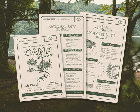 Camp-Themed Bachelorette Weekend Invitation, Itinerary & Packing List Template Bundle, Summer Camp Bachelorette