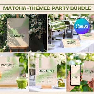 Puede incluir: Un conjunto de fiesta temático de Matcha con varios elementos. Incluye un letrero de bienvenida, etiquetas de comida, menús de bar y principal, y un teléfono que muestra un gráfico de Matcha. El conjunto está diseñado con una combinación de colores verde y beige.
