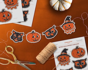 Puede incluir: Una guirnalda retro de Halloween con recortes de calabaza, gato y búho. Las decoraciones de papel naranja y negro están ensartadas en hilo. También se ven unas tijeras doradas y un ovillo de hilo.