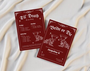 Invitation à un enterrement de vie de jeune fille gothique jusqu'à la mort, faites-nous la fête modèle d'itinéraire pour la mariée ou pour mourir, invitation minimale modifiable pour le week-end d'halloween bach