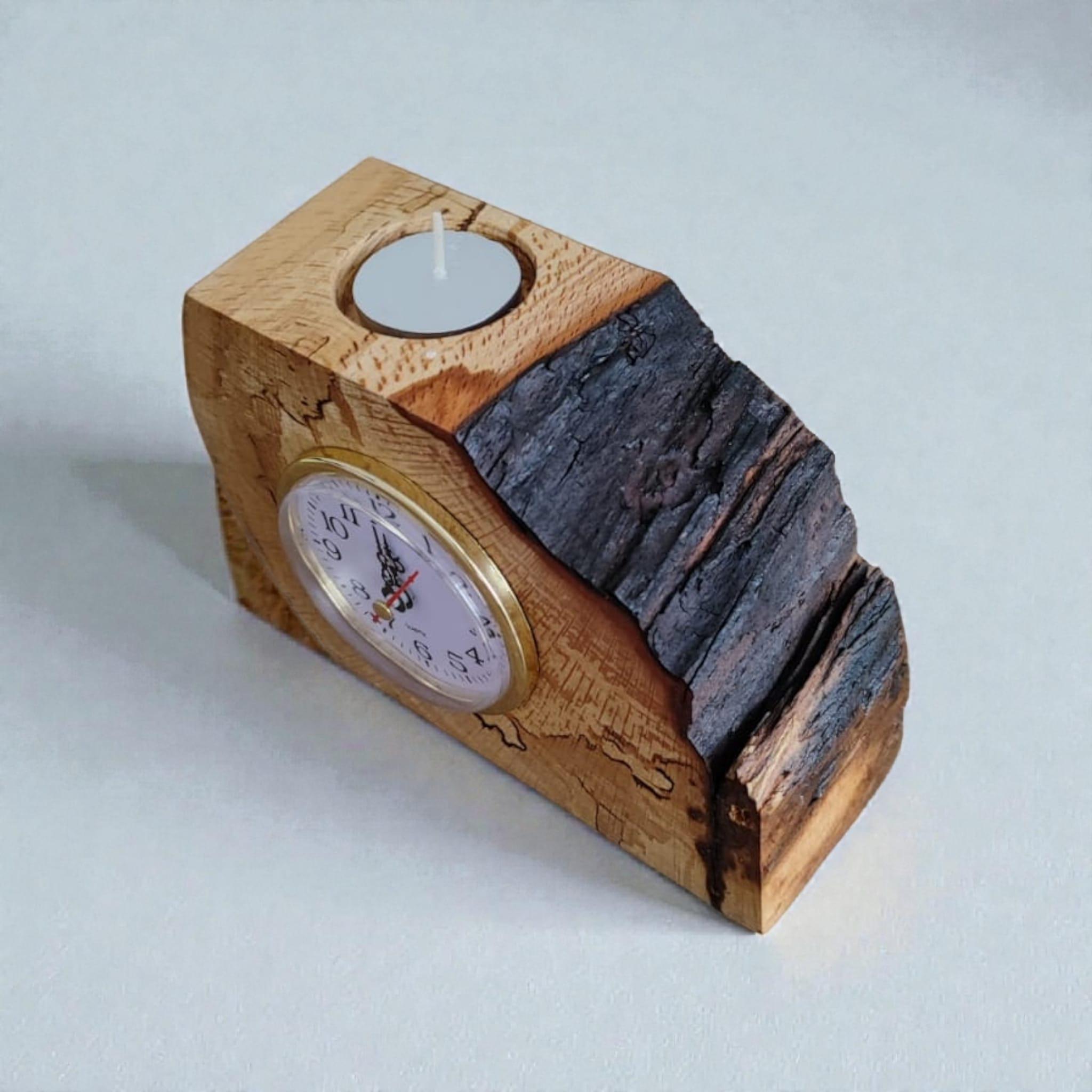 Handmade Beech Wood Desk Clock With Candle Holder – Rustic Wooden Decor ...