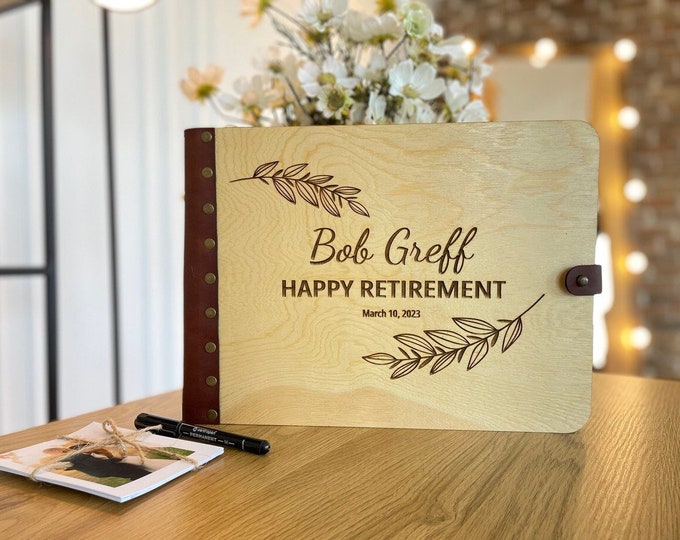 Happy Retirement Guest Book Wooden Retirement Party Keepsake Memory Book Personalized Retirement Scrapbook Retirement Gift for Men|Women