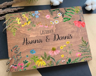 Libro de invitados de boda con flores silvestres, libro de invitados de boda de madera, boda bohemia, libro de invitados floral, boda rústica, libro de invitados de boda, aniversario