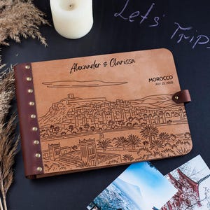 Morocco Travel Photo Album – Personalized Guest Book with Leather Binding – Engraved Moroccan Landscape on Wood Cover – Custom Couple Gift