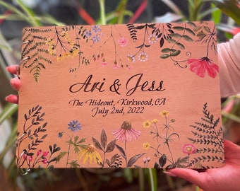 Libro de visitas para bodas con flores silvestres, libro de visitas de madera, boda boho, libro de visitas floral, boda rústica, libro de visitas para bodas de primavera o verano