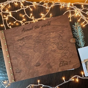 Mapa del mundo Álbum de fotos Libro de invitados de boda Álbum de bodas de madera Álbum de recortes Destino Boda Álbum de fotos de viaje Diario de viaje Mapa Familia gif