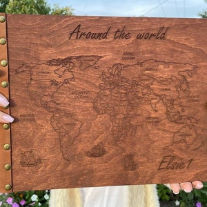 Carte du monde de mariage Livre d'or photo Notre livre d'aventure Album photo de voyage Famille Album de mariage personnalisé Album photo en bois Anniversaire | Cadeau de Noël