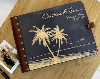 Black Wedding Guest Book Hawaii Florida Mexico Punta Cana, Beach Wedding, Tropical Wooden Wedding Album, Small Outdoor Wedding, Palm Trees