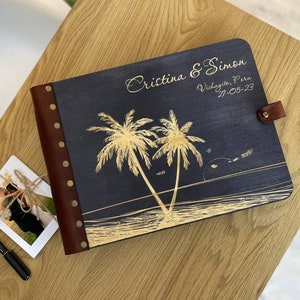 Libro degli ospiti di matrimonio nero Hawaii Florida Messico Punta Cana, matrimonio sulla spiaggia, album di nozze in legno tropicale, piccolo matrimonio all'aperto, palme
