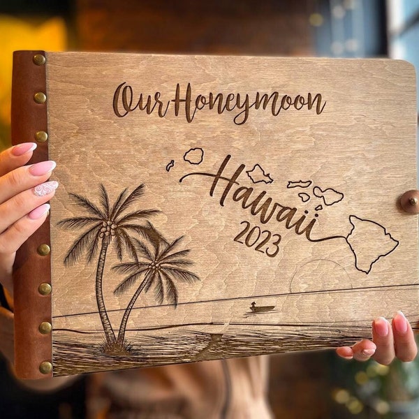 Album photo notre lune de miel à Hawaï en cuir Notre livre d'aventures Lune de miel Scrapbooking Voyage vacances Livre de souvenirs Carte d'Hawaï cadeau lune de miel