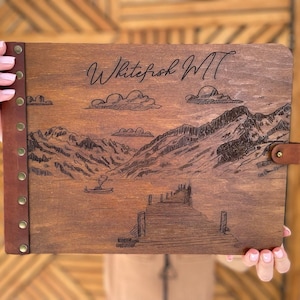 Our Adventure Book Travel Photo Album, Personalized Leather Photo Album with Mountains, Wooden Wedding Guest Book, Adventure Awaits Book