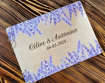 Personalized Lavender Wedding Guestbook - Wooden Photo Album with Purple Floral Print - A5A4 Size Engagement and Anniversary Party Album