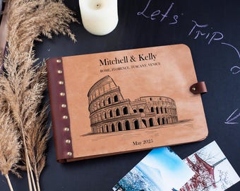 Our Italy Adventure Book – Personalized Leather Album with Colosseum – Rome, Venice, Tuscany & Florence Gift for Travel Couples, Anniversary