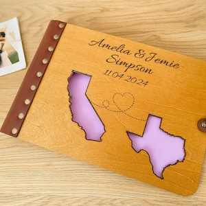 Livre d'or personnalisé carte d'état de mariage, album en bois de mariage à destination, livre d'or de la Californie et du Texas, album photomaton, mariage de voyage
