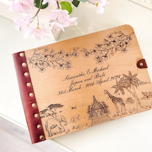 Álbum de fotos de luna de miel Japón-Bali, álbum de recortes de vacaciones con flor de cerezo japonés, elefante personalizado del libro de aventuras de Bali, mono jirafa