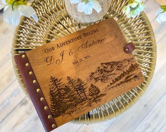 Our Adventure Begins Book, Elegant Scenic Mountain Wedding Guest Book Personalized with Names and Date Pine Tree Wooden Wedding Album Forest