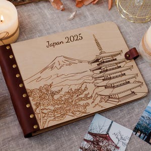 Personalised Wooden Photo Album Tokyo Holiday, Large Engraved Travel Journal for Couples, Adventure Memory Book with Fuji Mountain & Sakura