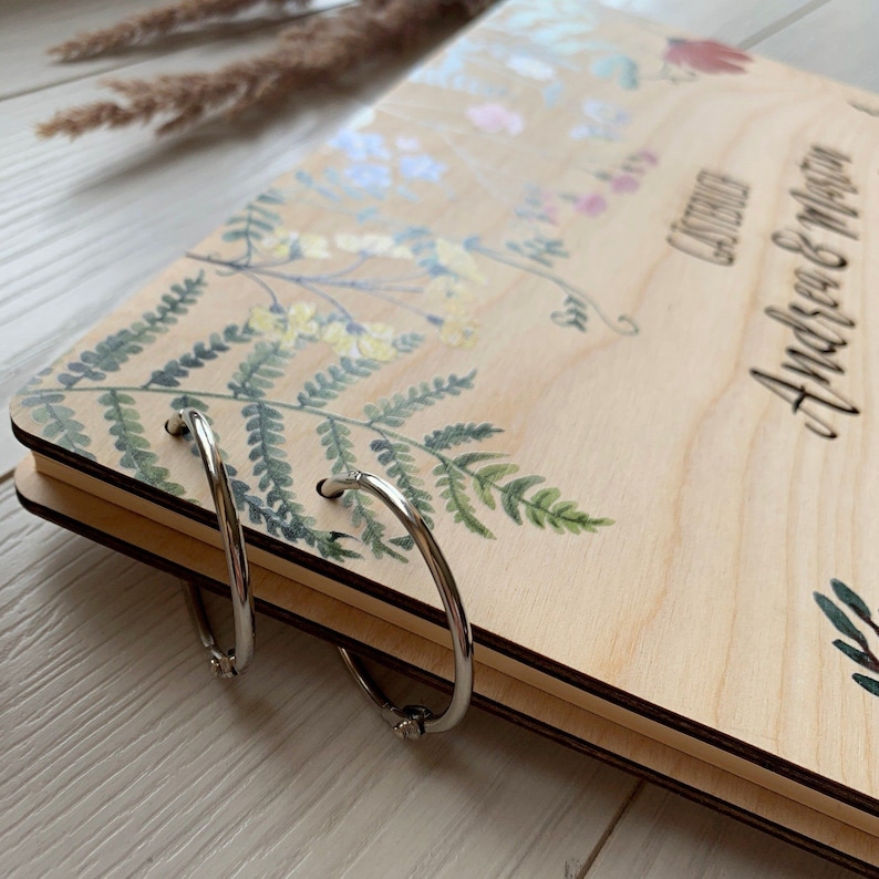 Libro de invitados de boda con flores silvestres, libro de invitados de madera para boda, boda bohemia, libro de invitados floral, boda rústica, libro de invitados de boda, San Valentín imagen 5