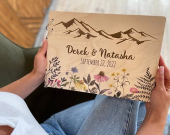 Personalized Wildflowers Wedding Guestbook Mountain Guest Book Wooden Guest Book Rustic Guest Book Floral Guest Book Wedding Gifts ideas