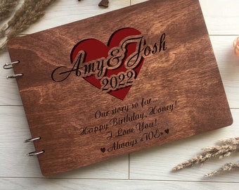 Personalized Wooden Scrapbook, Couples Memory Book with Heart