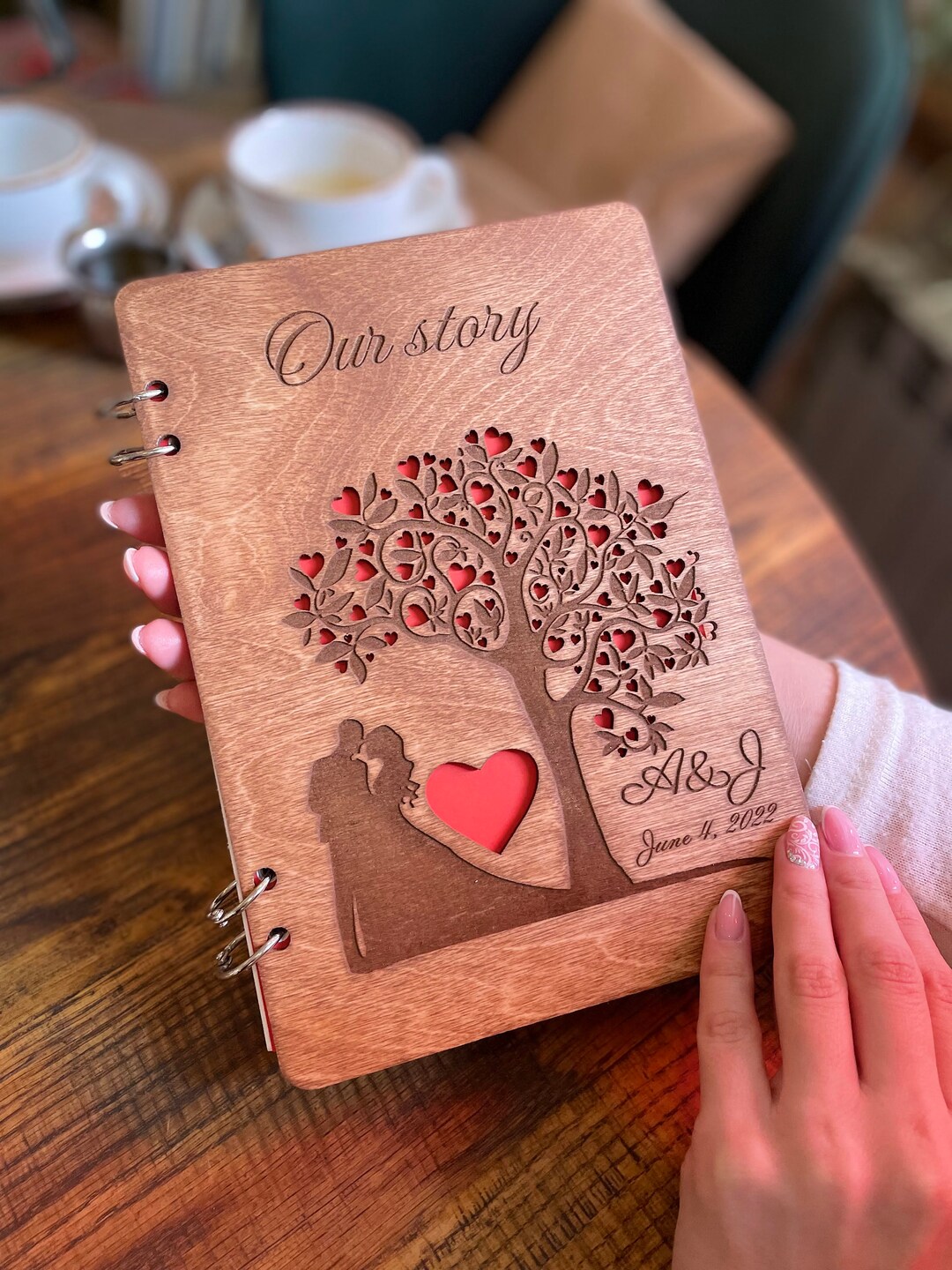 Our Story Personalised Scrapbook, Couples Memory Book, Wooden Photo