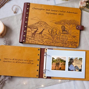 African Safari Adventure Photo Album – Personalized Wooden Honeymoon Memory Book, African Landscape Scrapbook Keepsake for Newlywed Couples