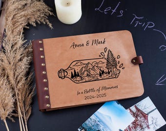Personalized Adventure Photo Album: Engraved Mountain Bottle Design, Leather Bound