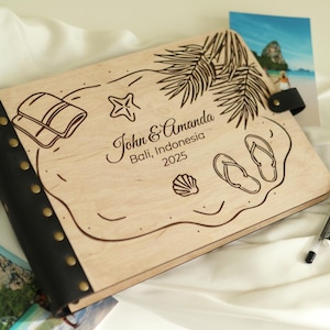 Album fotografico per matrimonio in spiaggia, album personalizzato per luna di miele, Bali, Hawaii, Punta Cana, libro degli ospiti in legno con palma e infradito, vacanze in Florida