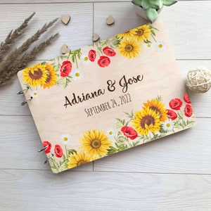 Wedding Guest Book Sunflowers, Wooden Wedding Guest book, Boho Wedding, Floral Guest book, Rustic Wedding,  Aternative Unique Guestbook