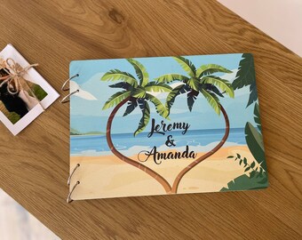 Tropical Palm Wedding Guest Book, Beach Wedding Guestbook Dominican Republic Color Print on Wood, Wooden Beach House Book Vacation home book