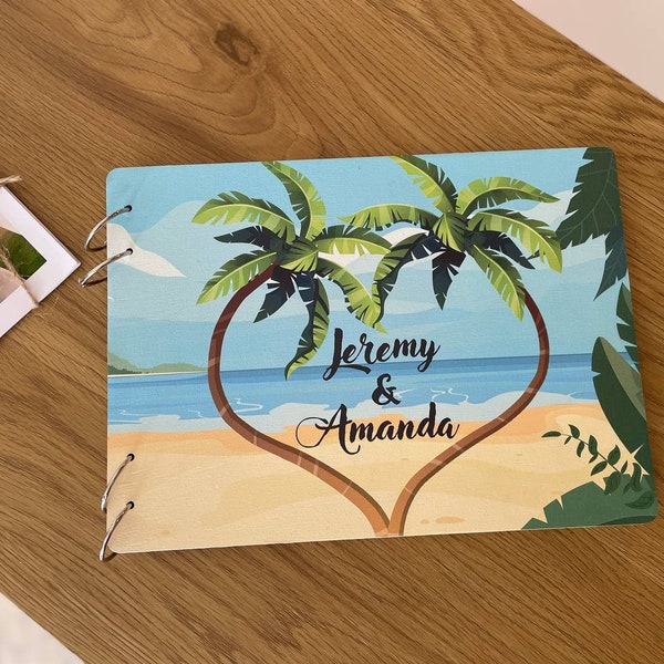 Tropical Palm Wedding Guest Book, Beach Wedding Guestbook Dominican Republic Color Print on Wood, Wooden Beach House Book Vacation home book