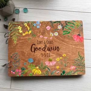 Libro de invitados de boda con flores silvestres, libro de invitados de madera para boda, boda bohemia, libro de invitados floral, boda rústica, libro de invitados de boda, San Valentín imagen 3
