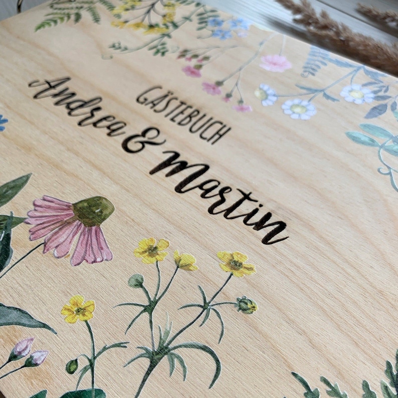 Libro de invitados de boda con flores silvestres, libro de invitados de madera para boda, boda bohemia, libro de invitados floral, boda rústica, libro de invitados de boda, San Valentín imagen 6