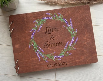Libro de visitas de boda de lavanda, libro de visitas, libro de visitas personalizado, flores, libro de visitas de boda, libro de visitas de madera, libro de visitas, boda rústica