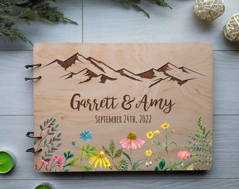 Libro de visitas para bodas en la montaña, álbum de bodas de madera con flores silvestres, alternativa única al libro de visitas para bodas con flores, idea rústica para el libro de visitas para bodas
